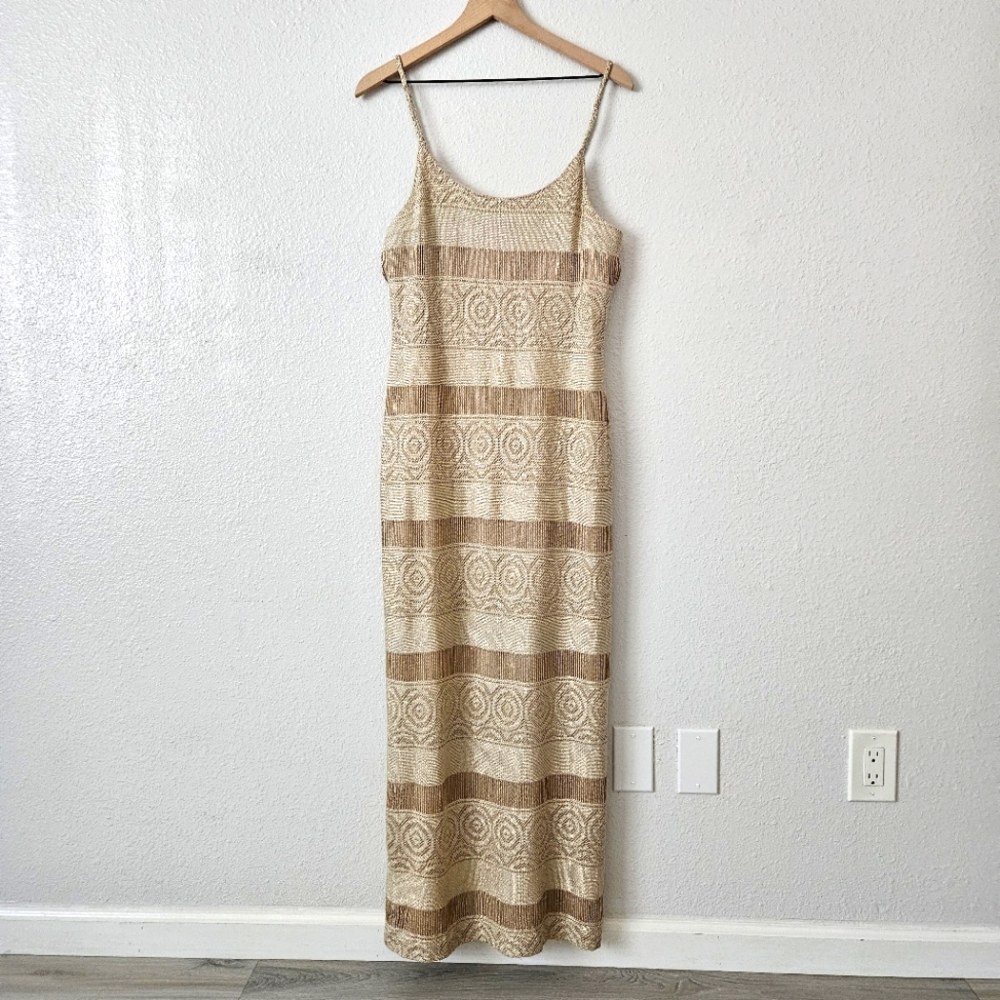 VNTG Evening Gown Bari-Jay Size 13-14 Large  Sparkle Gold Slip Dress Crochet Y2K